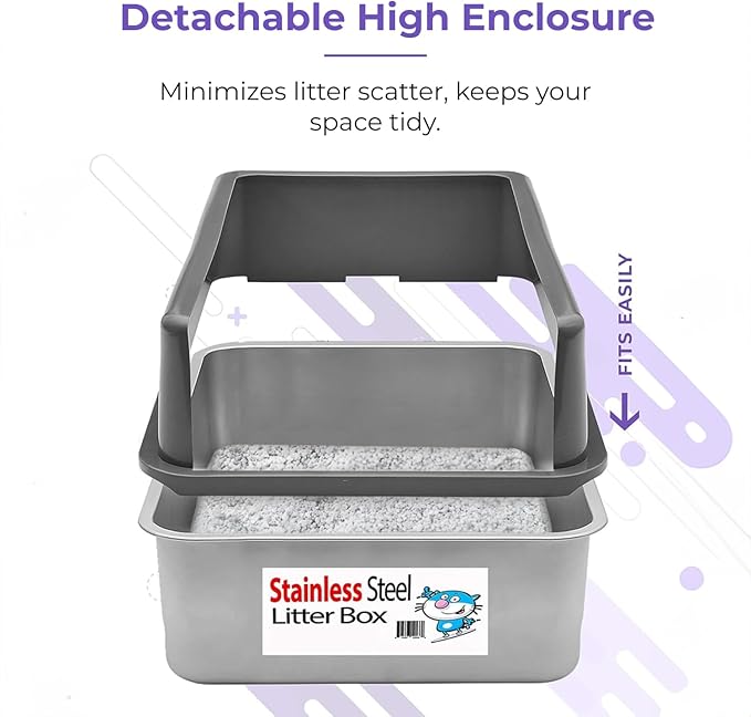 iPrimio XL Stainless Steel Litter Box with Enclosure - High-Sided Metal Litter Box for Large Cats - Easy to Clean, Rust-Resistant, and Durable - 23.5 x 15.5 x 6 Inches