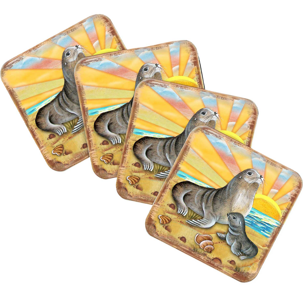 Sealion Coastal Wooden Cork Coasters Gift Set of 4 by Nature Wonders - Coastal Sea-Life Decor - 8198532-2C-S4