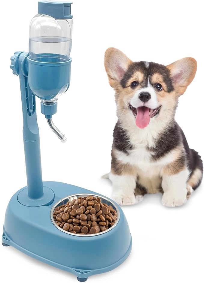 Fhiny Dog Water Feeder Bottle with Stand, Dispenser Automatic Water Food Bowl for Cage No-Drip Leak-Proof Adjustable Raised Pet Slow Water Bottle Dog Kennel Durable Drinker (Blue, 17oz)