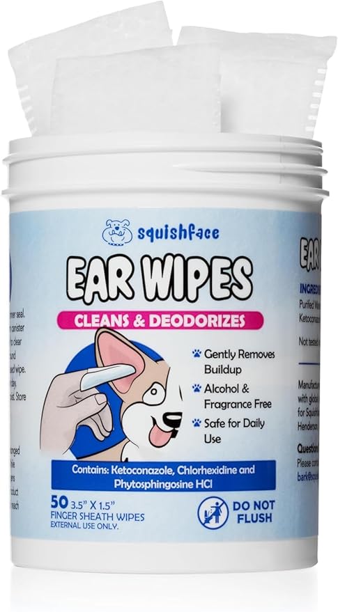 Squishface Dog Ear Relief Individual Finger Sheath Wipes – Non-Allergenic Ingredients & Irritation-Reducing Formula Cleans & Deodorizes, Helps Prevent Ear Itch & Odor – for All Breeds! (50 Count)