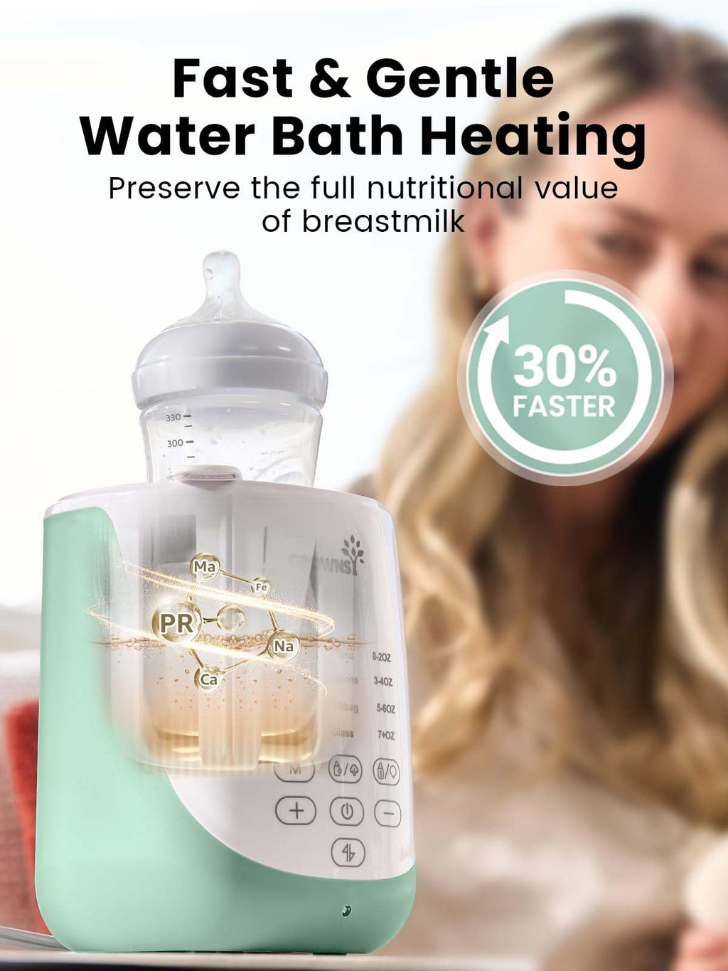 Grownsy Nutri Bottle Warmer with Innovative Auto-Lift Feature, Retain Fullest Nutrients Compact Baby Bottle Warmer, Fast & Even Heat, Always Right Temperature, Night Light for Nighttime Breastfeeding
