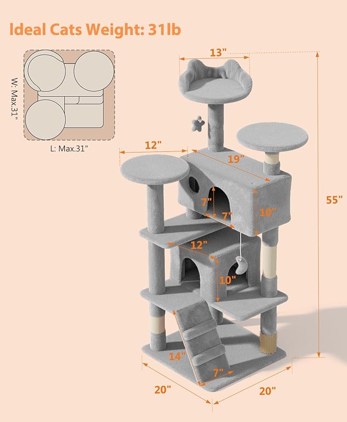 54" Cat Tree Tower for Indoor Cats Large Adult,Cute/Tall Modern Cat Tree for Big Cats 20 lbs, Plush Multi-Level Cat Condo with Scratching Posts, Dangling Ball for Fun (Light Gray, 54 inch)