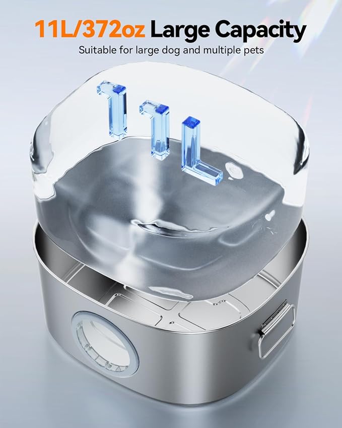 Dog Water Fountain Stainless Steel, 11L/2.8Gal Large Pet Fountain for Large Dogs Inside, Dog Fountain Water Bowl Dispenser with Visible Window & LED, Ultra Quiet for Multi-Pet (Filters)