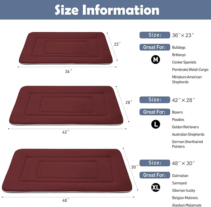 JoicyCo Dog Crate Bed Pad Mat, 48 in Non Slip Bottom Washable Kennel Pad for Extra Large Dogs, Dark Red