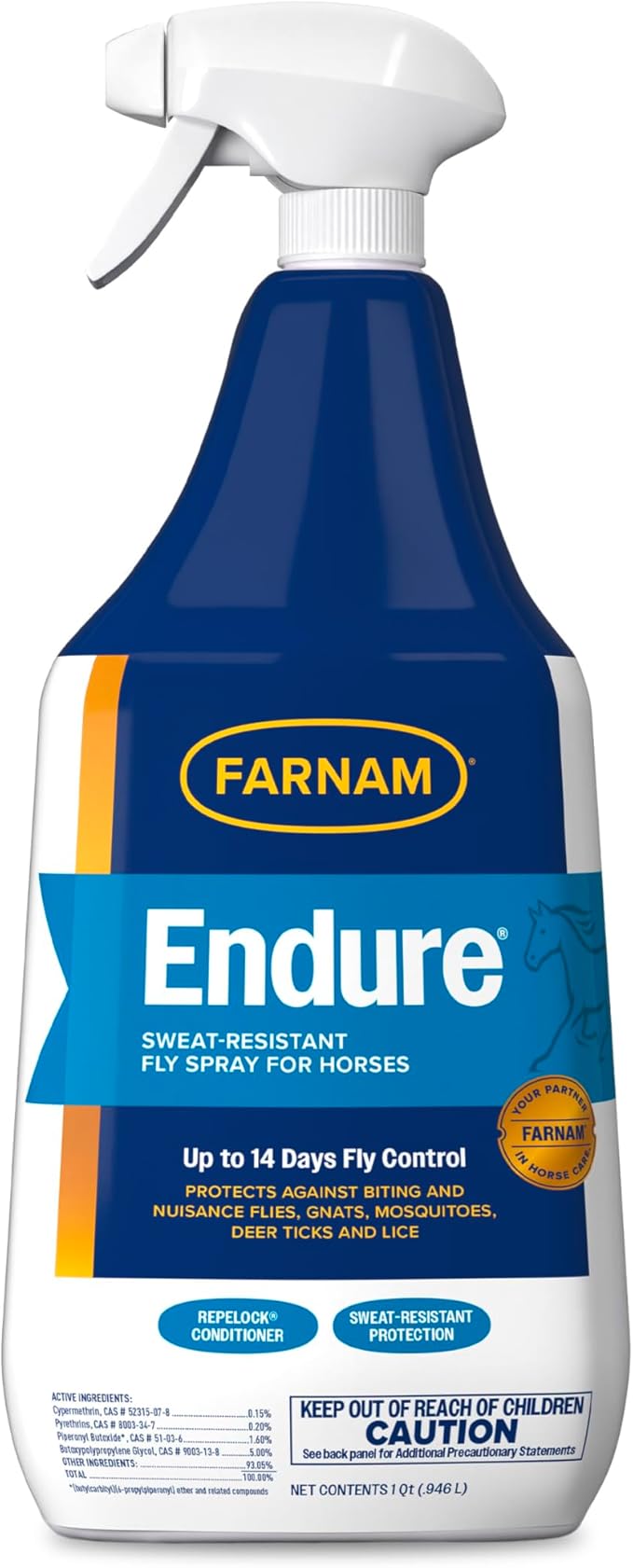 Farnam Endure Sweat-Resistant Fly Spray for Horses, Lasts Up to 14 Days, Protects Against Flies, Gnats, Mosquitoes, Ticks & Lice, 32 oz.