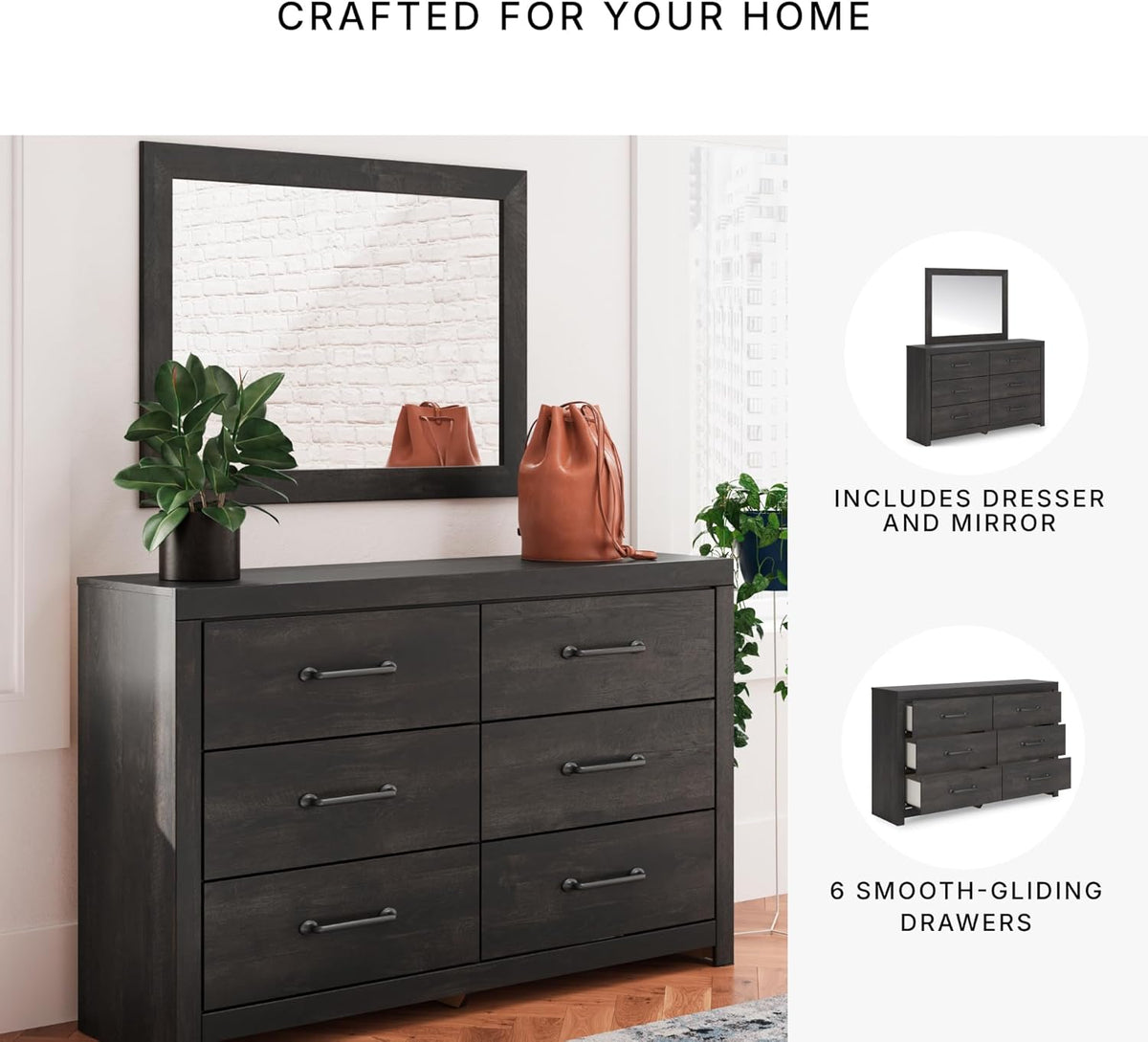 Signature Design by Ashley Delmorta Rustic 6-Drawer Dresser and Mirror with Anti-Tipping Restraint, Black