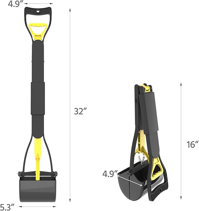 32" Heavy Duty Dog Pooper Scooper for Large Dogs, Extra Long Handle Foldable Poop Pick Up Tool with Durable Spring, Great for Yard, Lawns, Grass, Dirt, Gravel