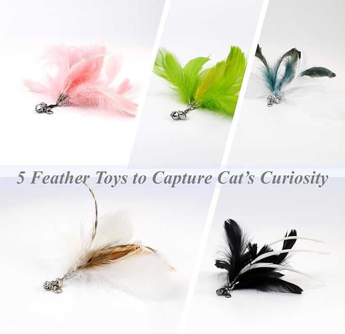 12PCS Interactive Cat Feather Wand Toy Set – 11 Bird & Feather Teaser Refills with Bells + Flexible Suction Cup Wand – Realistic Bird Design, Natural Materials, Indoor Cat Toys for Exercise & Play