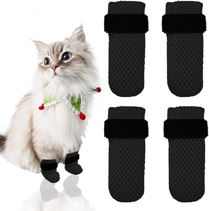 4 PCS Cat Mittens to Prevent Scratching,Mesh Breathable Cat Shoes,Adjustable Cats Anti Scratch Gloves,Suitable for Cats When Bathing and Nail Trimming(M,Black)