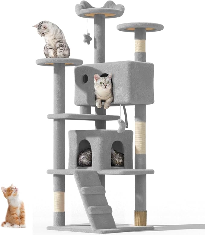 60'' Cat tree Tower for Indoor Cats Large Adult,Cute/Tall Modern Cat Tree for Big Cats 20 lbs,Plush Multi-Level Cat Condo with Scratching Posts,Dangling Ball for fun play(Light Gray, 60 inch)