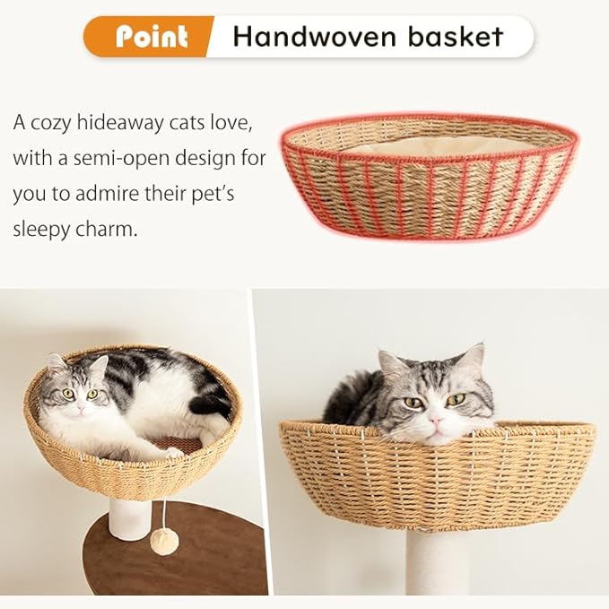 57'' Cat Tower for Large Cats, Manual Hand Woven Modern Multi-Level Condo with Natural Wood, Cat Activity Centre for Medium and Big Pets