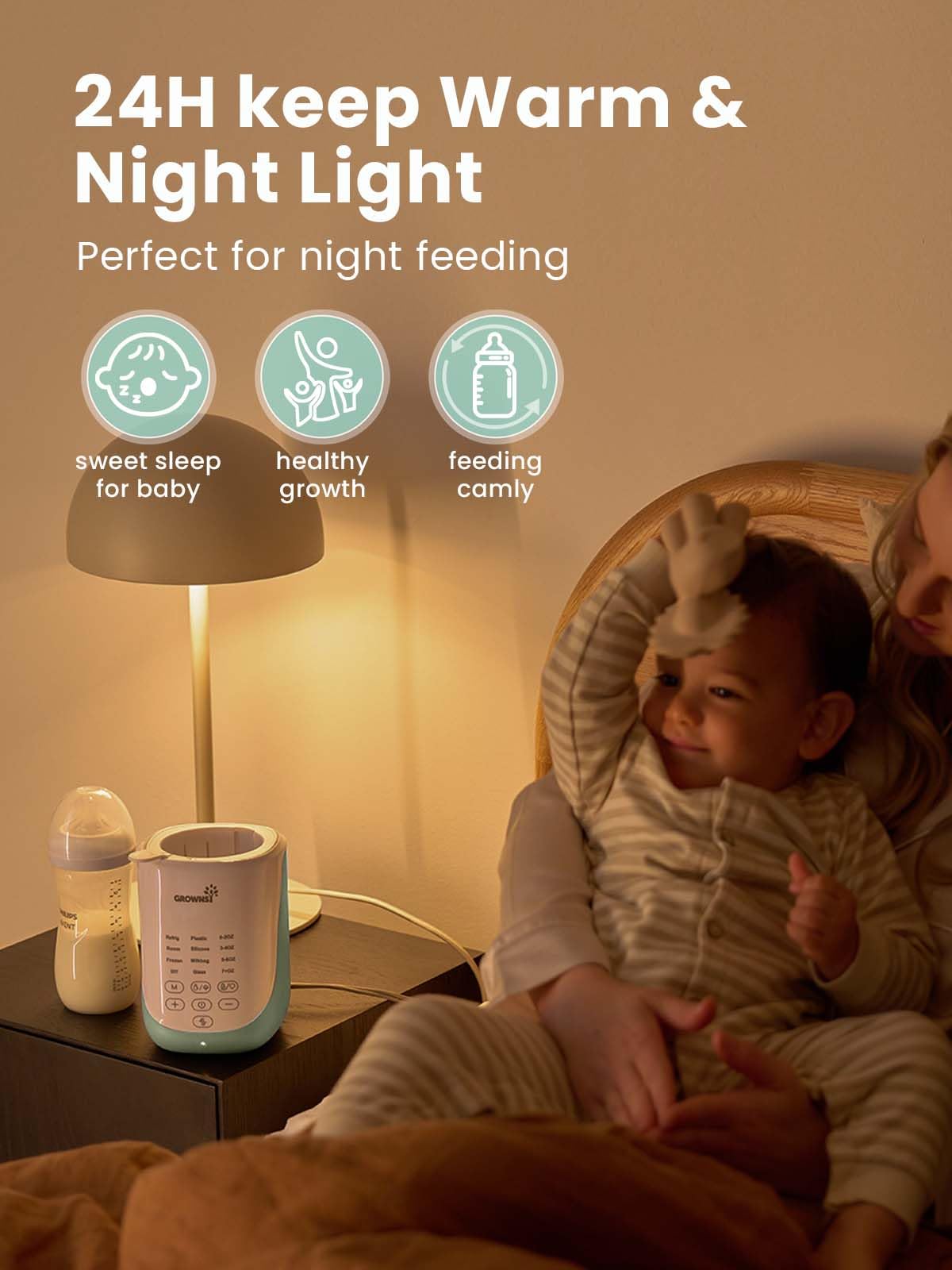 Grownsy Nutri Bottle Warmer with Innovative Auto-Lift Feature, Retain Fullest Nutrients Compact Baby Bottle Warmer, Fast & Even Heat, Always Right Temperature, Night Light for Nighttime Breastfeeding