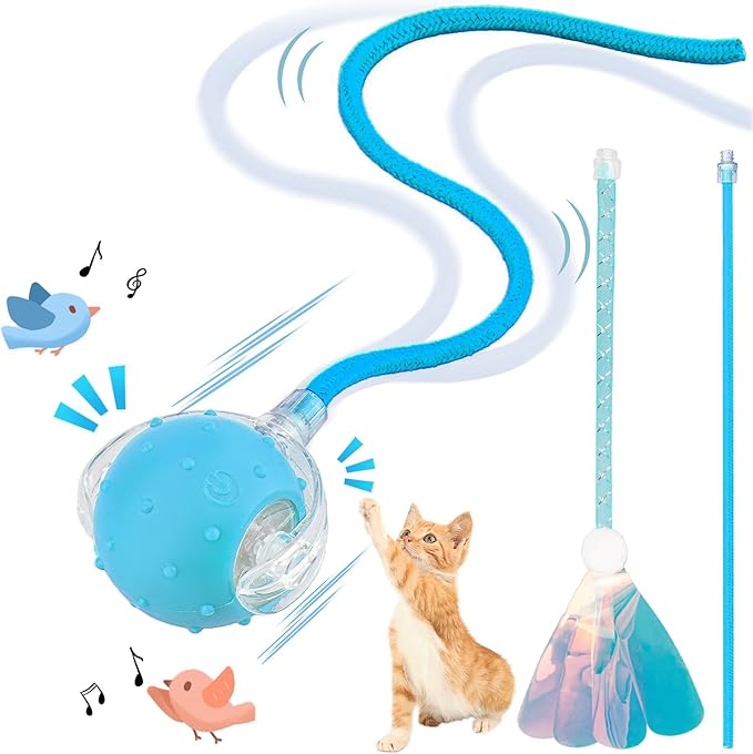 Interactive Cat Toys Ball for Indoor Cats, Automatic Agile Rolling Cat Ball with Elastic Mesh Tail, Bird Chirping & Motion Activated, 2 Tail Accessories, Kitten Toy for Bored (Blue)
