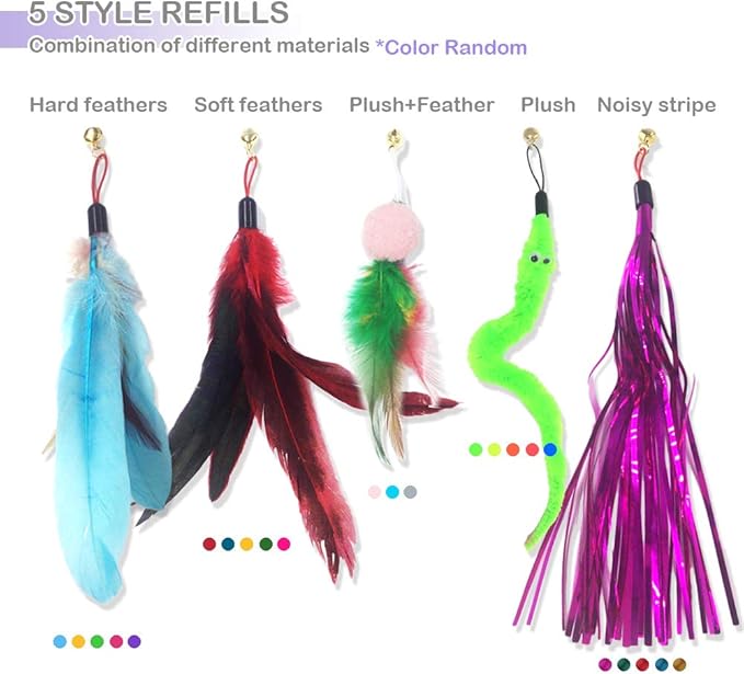 Cat Toy Wand, Interactive Feather Teaser Cat Toys Set, Retractable Cat Fishing Rod with 5pcs Refills (Purple)