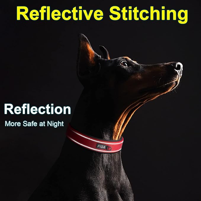 Fida Heavy Duty Dog Collar, Ultra Comfortable Soft Neoprene Padded, Adjustable Reflective Nylon Pet Collar with Durable Metal Belt Buckle for Medium Breeds (M, Red)