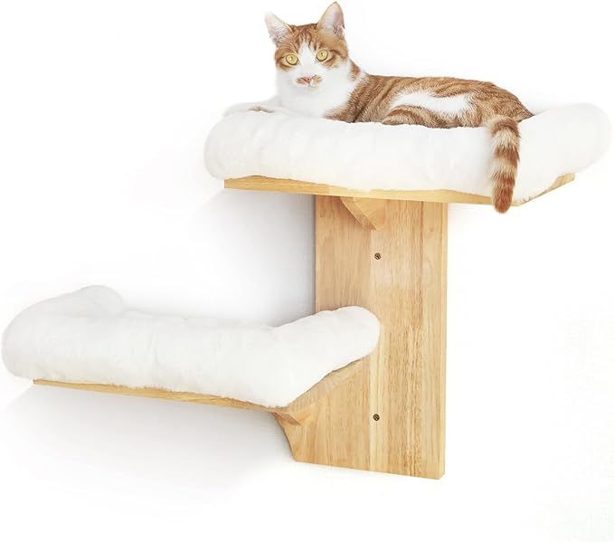FUKUMARU Cat Wall Shelves, 2 Platform Cats Walls Furniture, Tree Shape Kitten Floating Shelf with Soft Cushion Perch, Solid Rubber Wood for 16 Inch Drywall, Suitable for Climb, Play, Nap