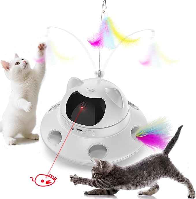 Cat Laser Toy,Automatic Laser cat Toy 3-in-1 Interactive Automatic Motion Activated Moving 6 Holes Whack A Mole Feather, USB Rechargeable Electronic Smart Sensor Kitten Toys for Indoor Exercise