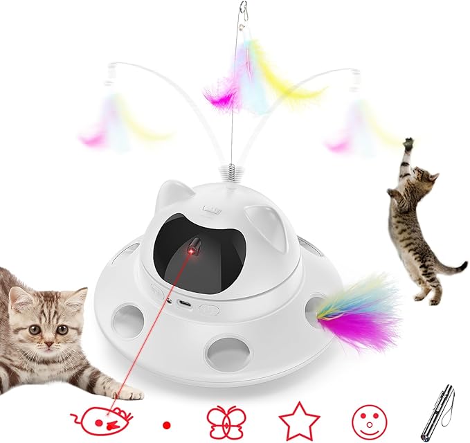 Cat Laser Toy,Automatic Laser cat Toy 3-in-1 Interactive Automatic Motion Activated Moving 6 Holes Whack A Mole Feather, USB Rechargeable Electronic Smart Sensor Kitten Toys for Indoor Exercise