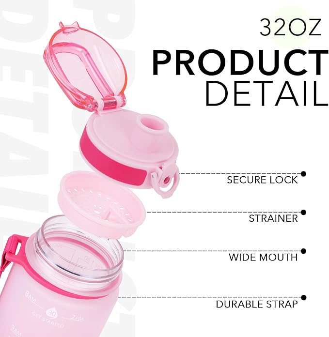 32oz Motivational Water Bottles with Time Marker & Fruit Strainer, Transparent Gradient Color Water Bottle with Times to Drink, Leakproof & BPA Free, Reusable Bottle with Strap (No Straw)