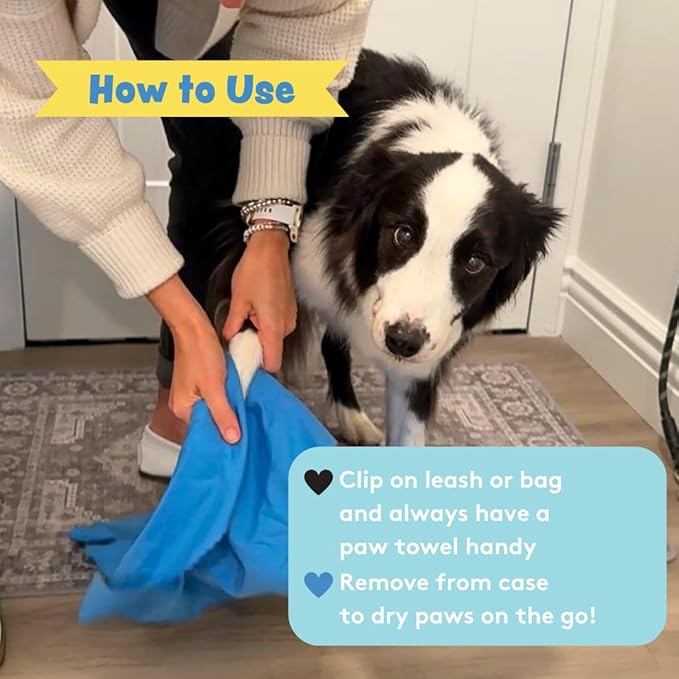 Sweet Paws Portable Dog Paw Towel, Lightweight & Super Absorbent Microfiber, Clips onto Leash, Quick Drying Towel for Dogs Paws with Silicone Case, Dry Dog’s Paws on The Go - Large - Clean Slate