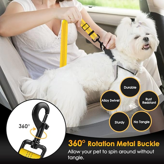 SlowTon Dog Harness, Adjustable Dog Seatbelt, 2 in 1 Latch Bar Attachment, Reflective Nylon Belt Tether, Yellow, 27.55in
