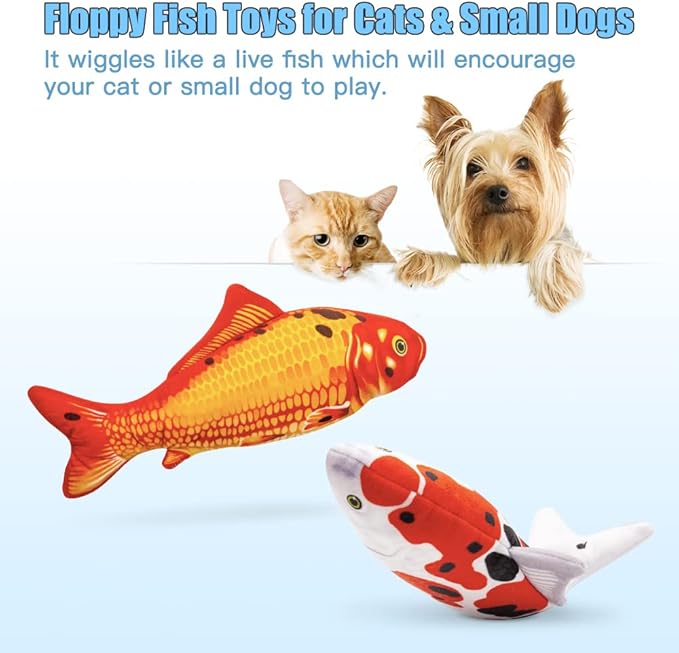 TOOGE 2 Pack 9" Floppy Fish Cat Toys with SilverVine and Catnip for Indoor Cats for Small Dogs Interactive Automatic Flopping Fish Cat Kicker Toys for Cats Puppy Small Dog
