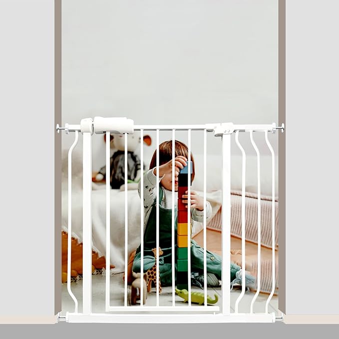 Walk Through Baby & Dog Gate 29-38.5 Inch, Pressure Mounted No Drilling, Adjustable Indoor Safety Gate for Stairs & Doorways - Metal Design for Kids and Pets, White