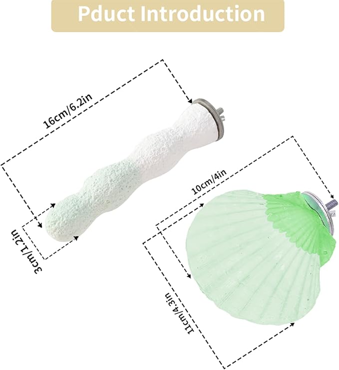 Bird Perches for Cage, Abrasive Surface High Calcium Mineral Parrot Perch Stand - Bird Nail File for Claw & Beak Health, Colorful Ceramic Bird Cage Accessories (Green, Shell)