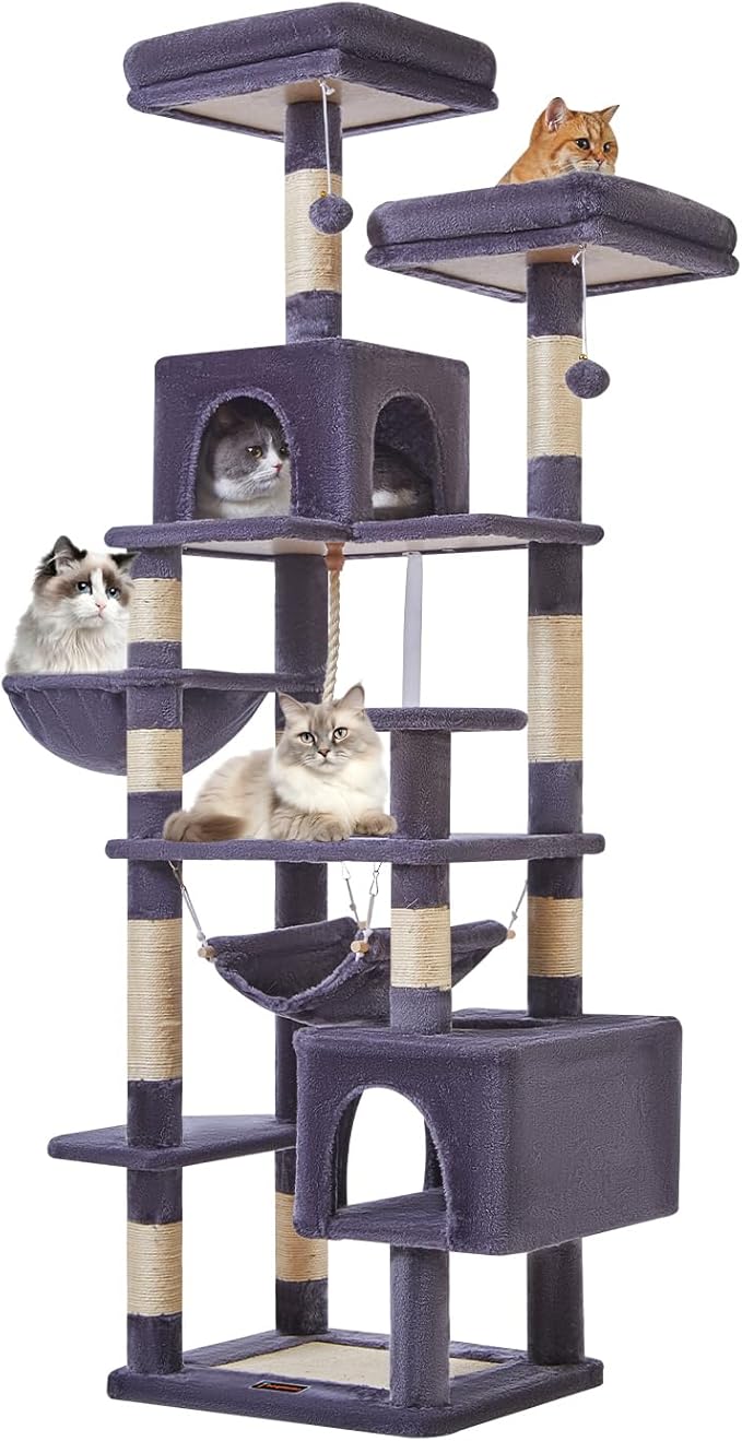 Taoqimiao Cat Tree, 71-Inch Cat Tree Cat Tower for Indoor Cats, Plush Multi-Level Cat Condo with 10 Scratching Posts, 2 Perches,Basket, 2 Caves,Hammock, 2 Pompoms,MS020G Beige Smoky Gray