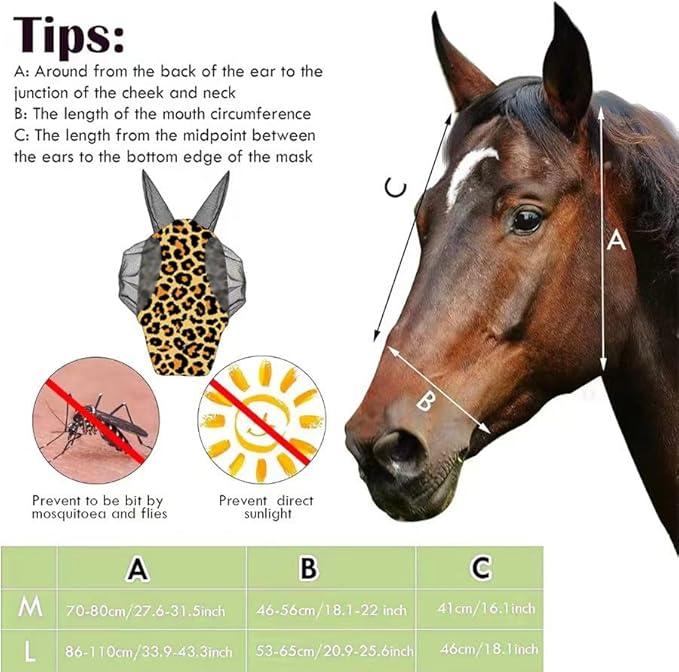Horse Fly Mask with Ears - Comfort Fit, Durable & Breathable, Easy to on/Off | UV Protection, Large Eye Space, Stretchy Leopard Print (2pcs Medium, Tangle-Free)