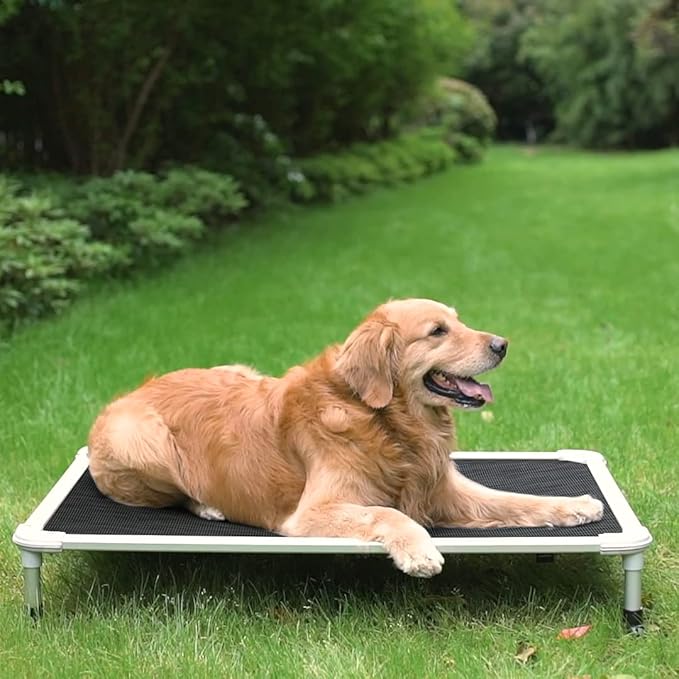 Veehoo Chew Proof Elevated Dog Bed - Cooling Raised Pet Cot - Silver Aluminum Frame and Durable Textilene Mesh Fabric, Unique Designed No-Slip Feet for Indoor or Outdoor Use, Black Silver, Large