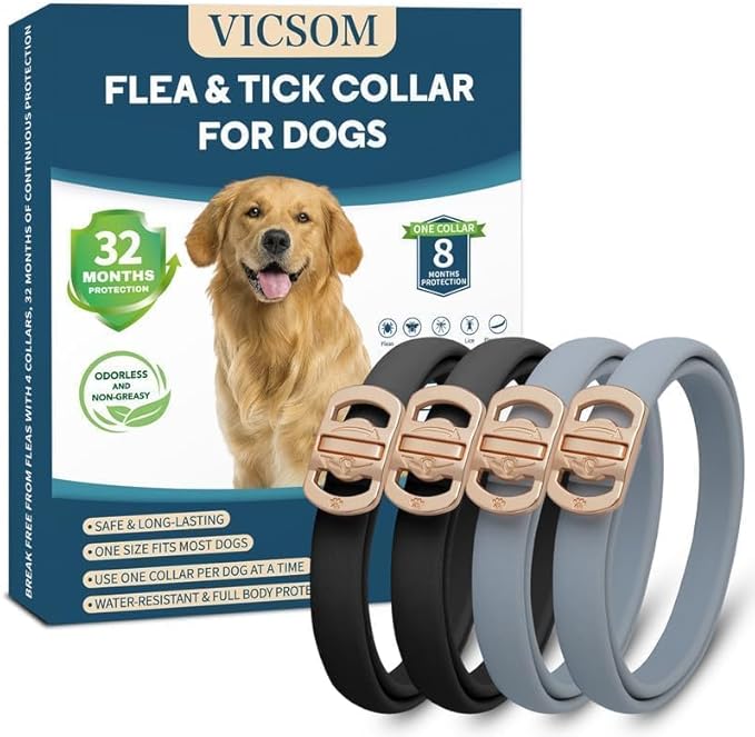 Flea and Tick Collar for Dogs 4 Pack, 32 Months Prevention, Waterproof, Adjustable for Small Medium Large Dogs Puppies (Black and Grey)