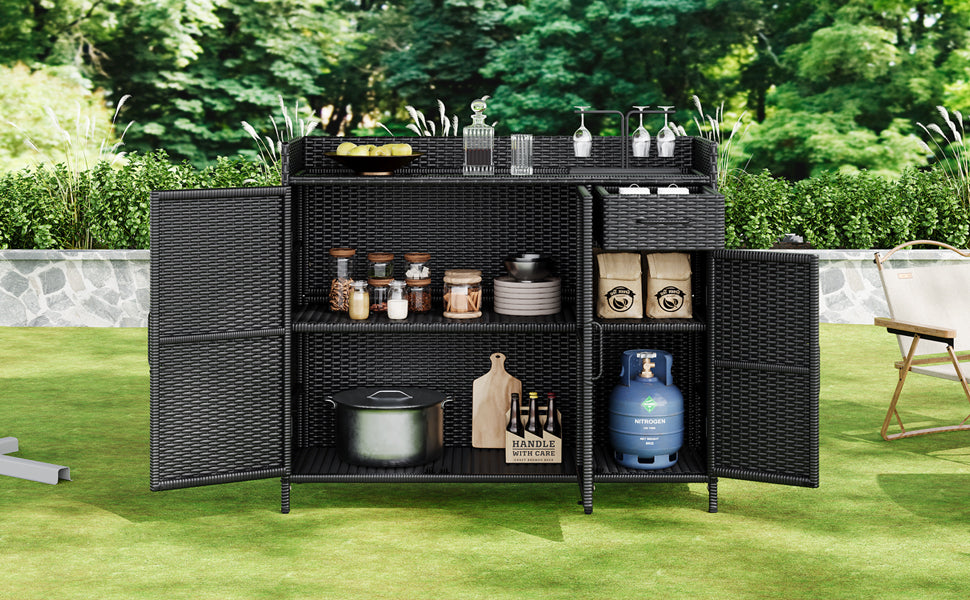 K&K 47.5"W Wicker Outdoor Storage Cabinet with Tempered Glass Top