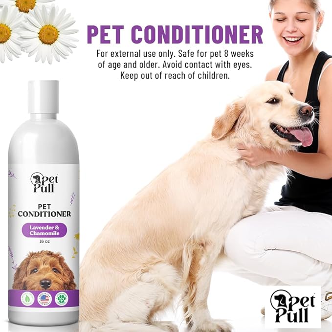 Dog Conditioner Puppy Essentials - Moisturizing Conditioner for Dogs with Lavender and Chamomile Scent - Plant Based Dog Bath Supplies Detangle and Revive Pet's Coat - Made in USA (16 Oz)