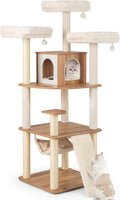 PETSITE 68 Inch Modern Tall Cat Tree for Indoor Cats, Multi-Level Wooden Cat Tree Tower with Sisal Scratching Posts, 3 Top Perches, Cat Condo, Comfy Hammock, Sisal Ramp, and Jingling Balls