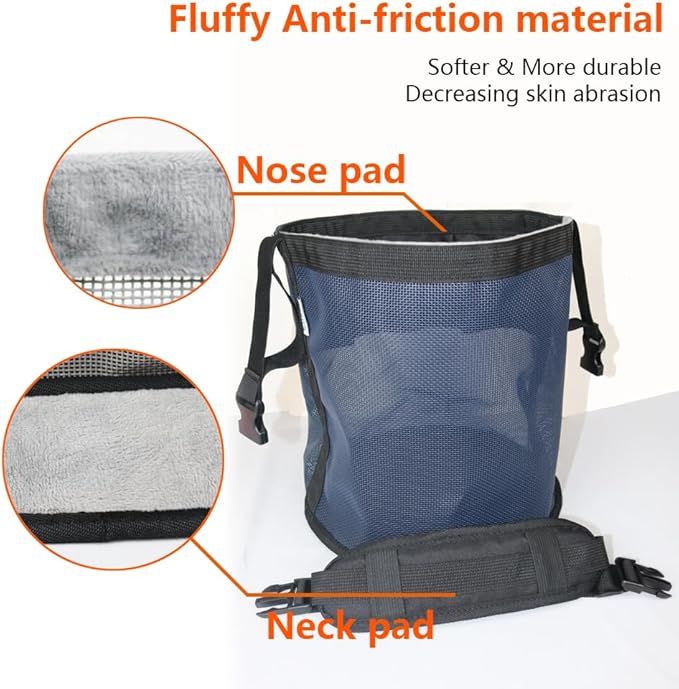 Heavy-Duty Horse Feed Bags - with Adjustable Strap, Comfort Neck & Nose Pads, and Double Waterproof Bottom Mesh (2-Pack) (Blue+Blue)