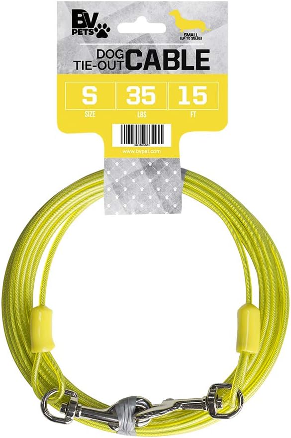 BV Dog Tie Out Cable 15 Feet - Heavy Duty Dog Lead Up to 35 Pounds - Reflective & Rust-Free with Quick Release Swivel Clips & 360° Rotating Clasp - Tangle-Free Dogs Runner for Yard (Yellow, Single)