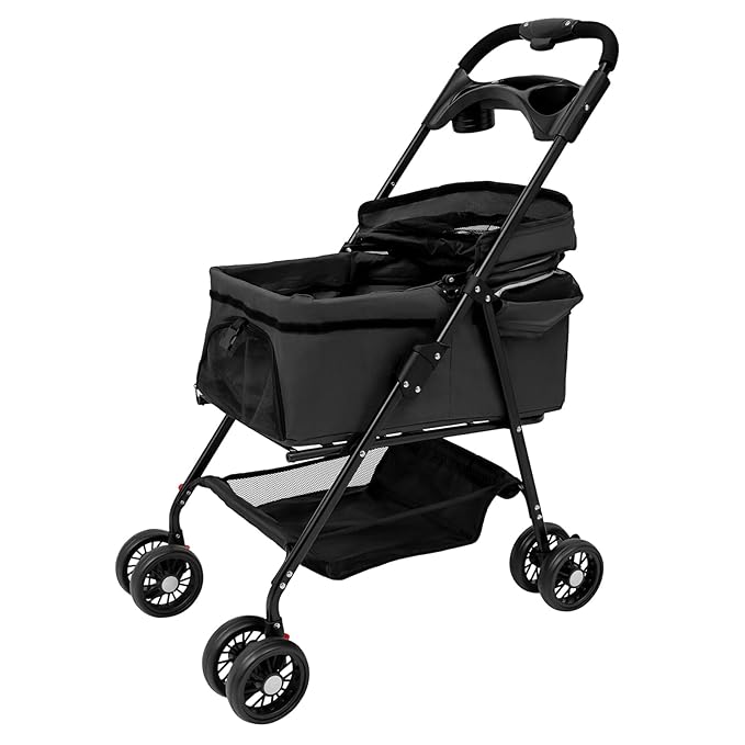 Pet Stroller, 4 Wheels Dog Cat Carrying Cart, Foldable Puppy Carrier with Storage Bag and Detachable Grid Structure for Small/Medium Dogs Cats Up to 44Lbs (Black)
