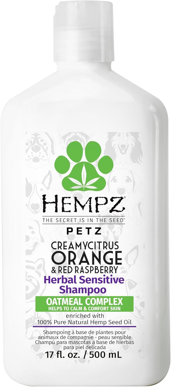 Hempz Petz, Sensitive Dog Shampoo, Oatmeal Complex to Soothe, Creamy Citrus Orange & Red Raspberry Herbal Sensitive Shampoo 17 oz.