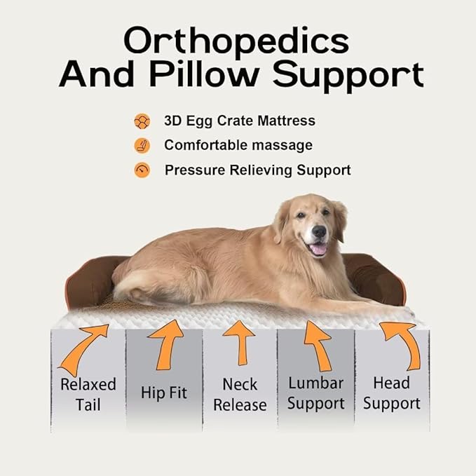 Large Dog Bed Orthopedic Washable - Beds Bolster - Extra Large Big Dogs - Waterproof with Removable Cover - Memory Foam Couch Sofa - Coffee Dog Bed