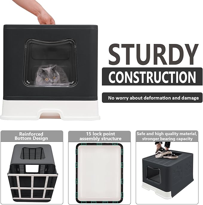 XL Foldable Cat Litter Box with Lid - Jumbo Enclosed Potty - Top Entry Anti-Splashing Toilet - Includes Scoop & 2-in-1 Cleaning Brush (Black)