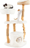 Tangkula Cat Tree Tower, Solid Wood Modern Cat Tower with Top Cattail Basket Bed, Side Perch, Large Platform & Condo, Cute Cat Tree with Scratching Posts for Indoor Cats Large Adult