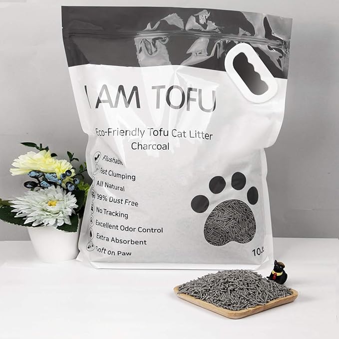 I AM TOFU - Tofu Cat Litter, Natural, Flushable, Dust Free Extra Clumping Pellet Litter (10 lb Bag, Charcoal)