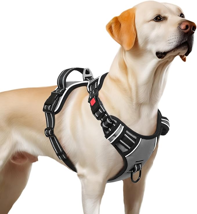 Timos Dog Harness Large Sized, No Pull with Neck Lockable Snap,No Choke Front Clip Dog Reflective Harness,Adjustable Metal Rings 3 Buckles,Easy Control Handle for Large Dogs Gray L
