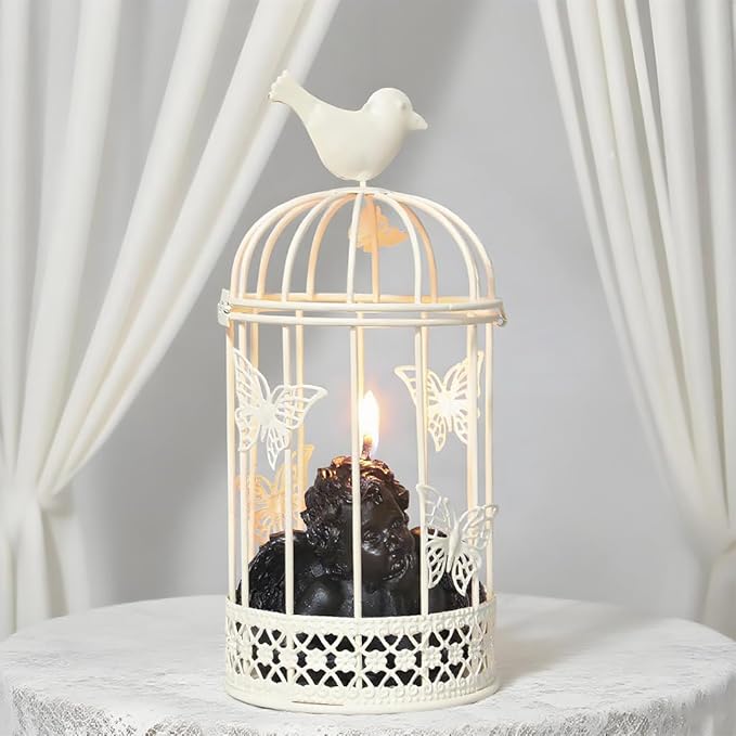 Vintage Decorative Bird Cage，Metal White Bird Cage Decor for Candelabros para Centros De Mesa & Lanterns Decorative Indoor Suitable Wedding Party, Dining Table，Fireplace Metal Lantern&Bird Cage Decor