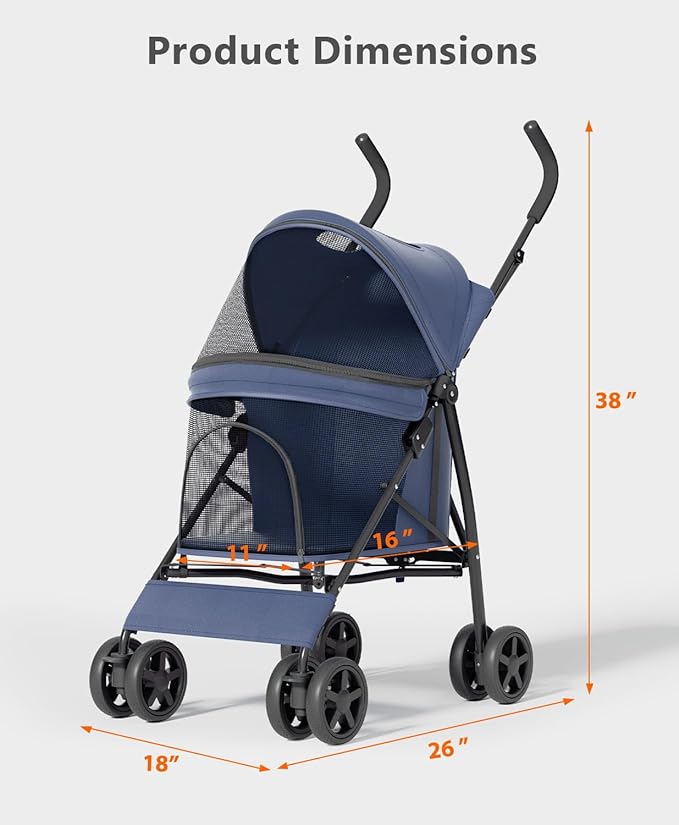 Pet Stroller with 4 Wheels for Small/Medium Pets, Portable Travel Foldable Carrier Jogger for Dog Cat Puppy Kitty, Rear Wheel Breaks, Storage Basket, Visible Mesh Weather Cover (Navy Blue)