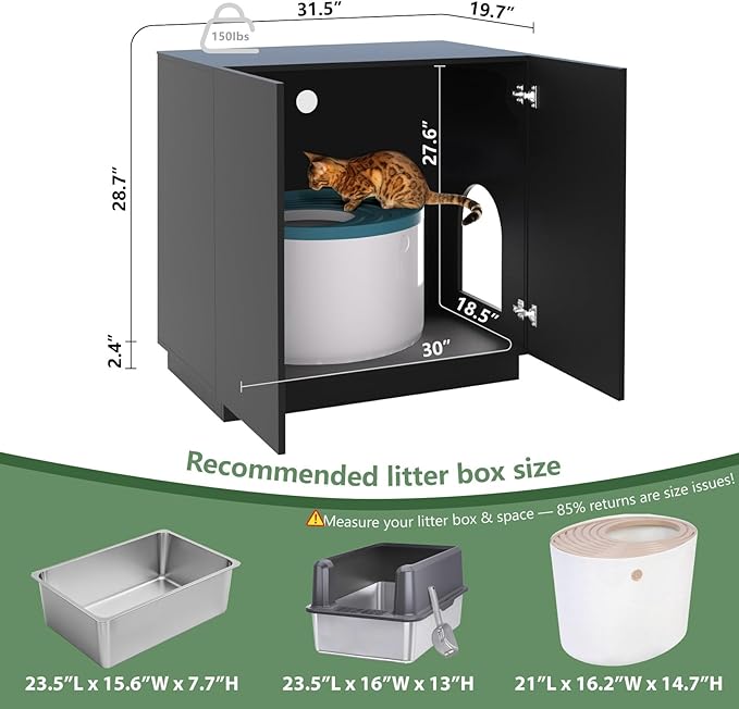 Large/Tall Litter Box Enclosure, Modern Wooden Litter Box Furniture for XL Litterbox with Hidden Storage as Sideboard Cabinet (Black)