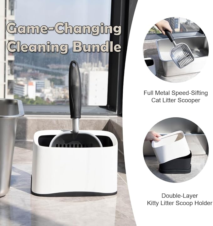 Heavy Duty Cat Litter Scoop with Holder - All Metal Cat Litter Scooper with Holder - Speed Sifter Litter Box Scooper Captures All Clumps - Aluminum Cats Littter Scooper and Caddy