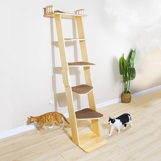 Modern 70“ Tall 6 Level Leaning Cat Climbing Ladder Tree Tower Condo with Large Perch Platform for Window Wall, Solid Wood Cat Furniture Shelves for Multiple Cats