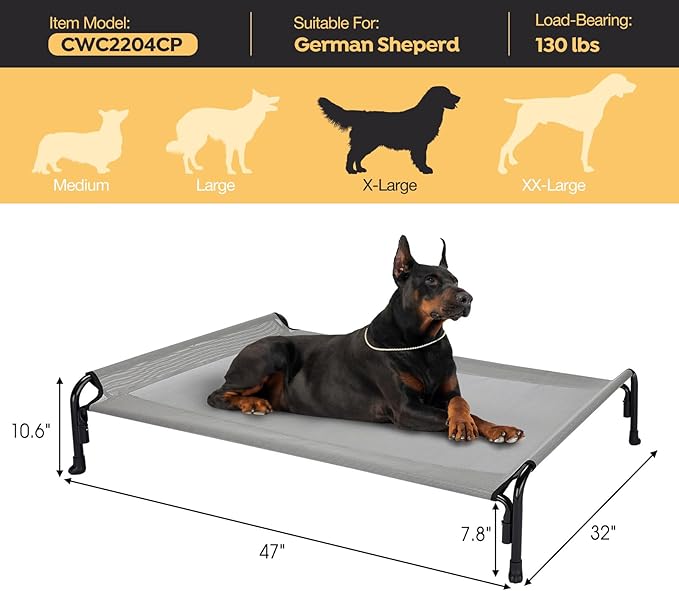 Veehoo XL Outdoor Elevated Dog Bed, Raised Dog Cot for Extra Large Dogs, Cooling Washable Waterproof Pet Hammock Beds with Slope Headrest, Breathable Mesh and Sturdy Frame, X-Large, Grey, CWC2204